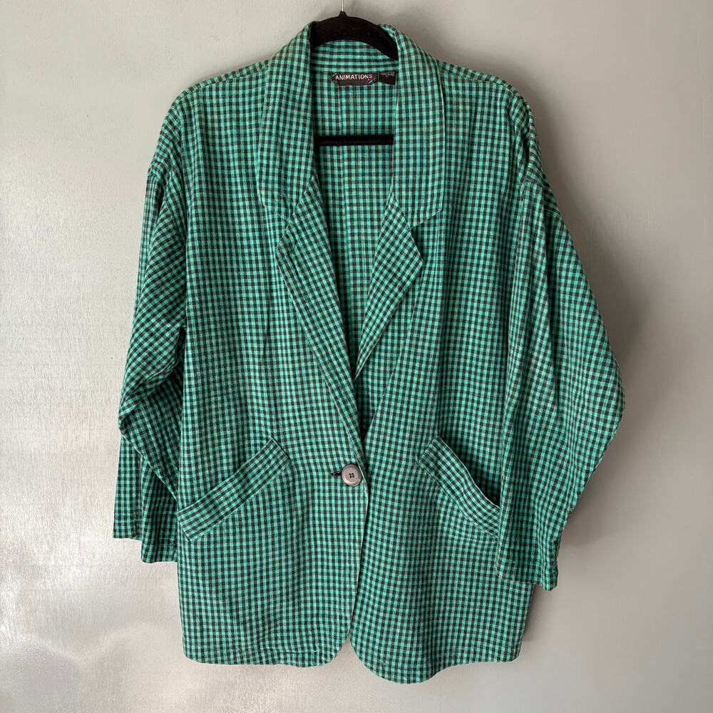 Vintage ANIMATIONS Women's Large Green Black Check Retro Blazer Cotton Boho